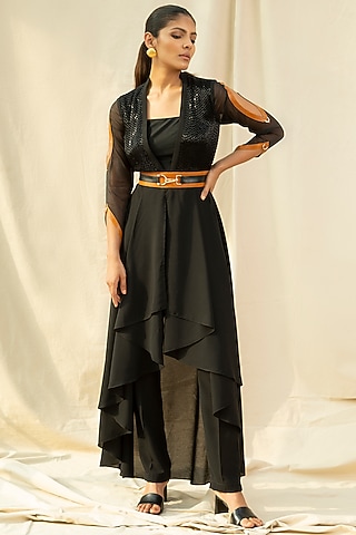 Black Micro Polyester Kurta Set by Kamaali Pret