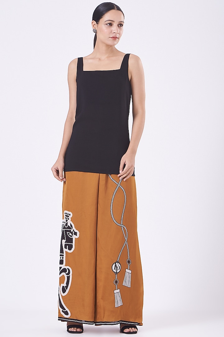 Tan Printed Flared Pants by Kamaali Pret