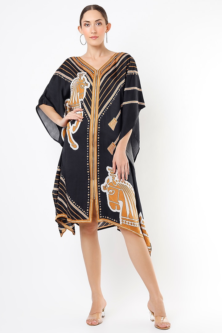 Black & Beige Printed Kaftan by Kamaali Pret at Pernia's Pop Up Shop