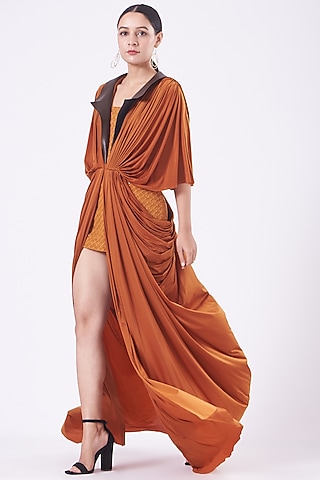 Tan Nylon Lycra Cowl Dress by Kamaali Pret