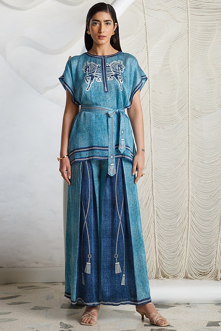 Pool Blue Bamberg Satin Pleated Pants by Kamaali Pret at Pernia's Pop Up Shop