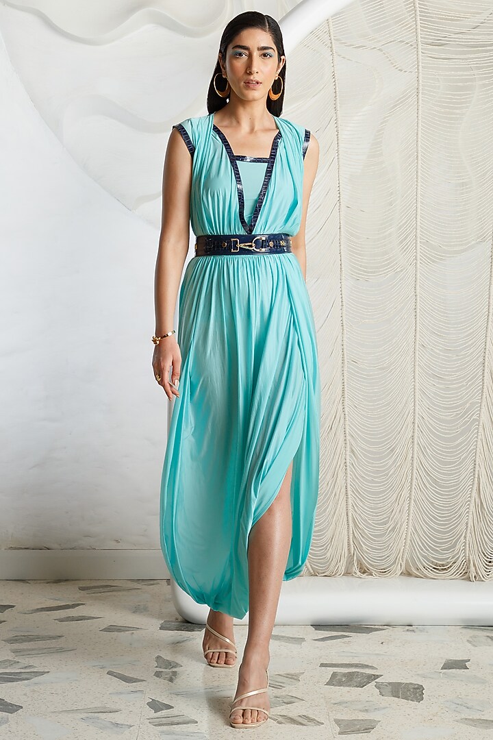 Pool Blue Lycra Draped Vacation Dress by Kamaali Pret at Pernia's Pop Up Shop
