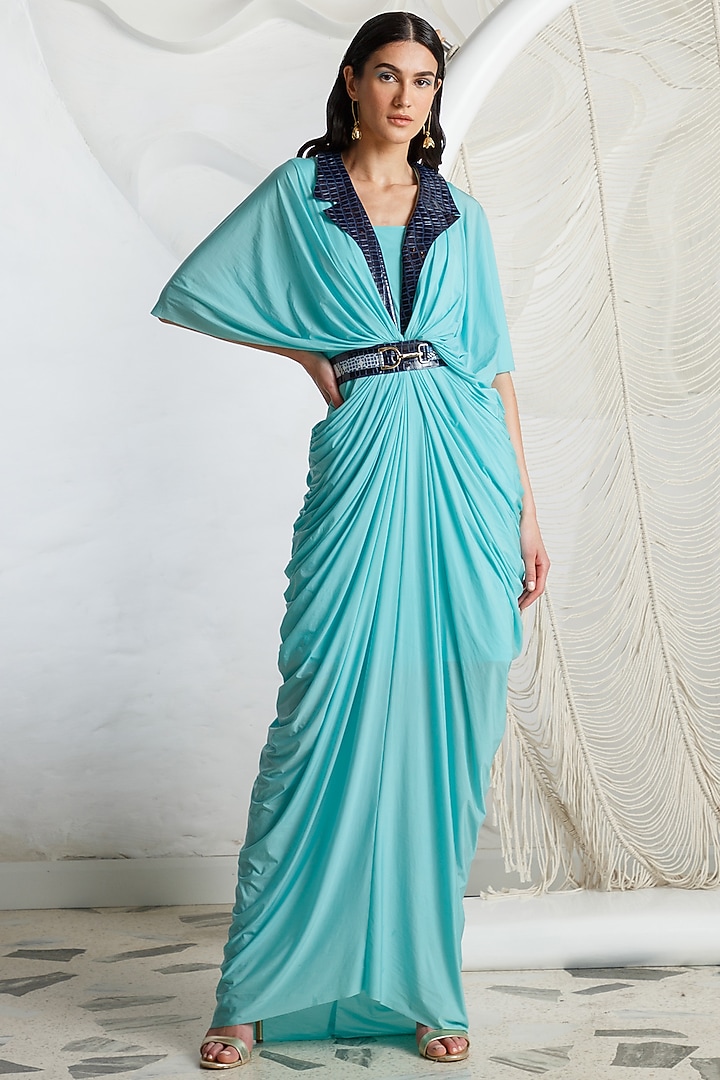 Pool Blue Lycra Draped Cocktail Dress With Belt by Kamaali Pret at Pernia's Pop Up Shop