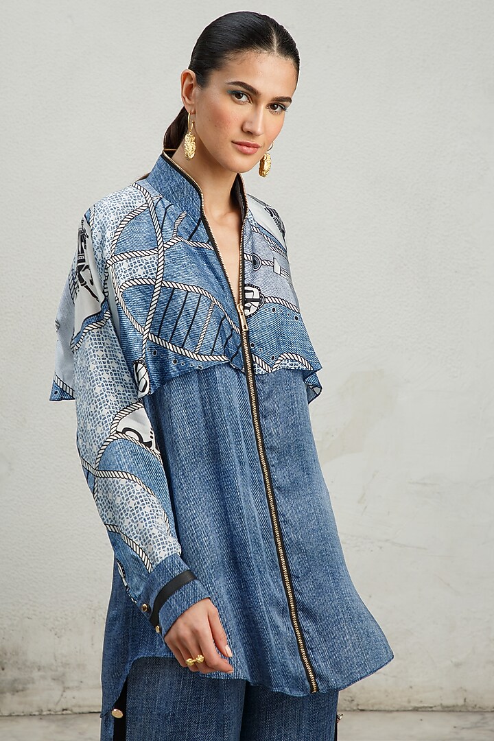 Denim Blue Printed Flap Shirt by Kamaali Pret at Pernia's Pop Up Shop