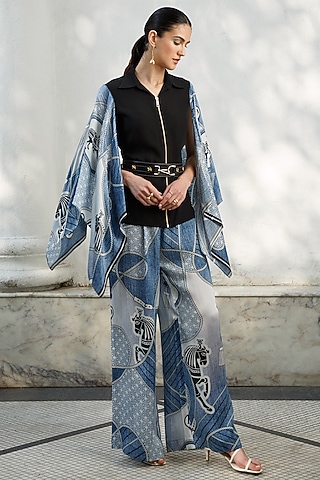 Denim Printed Pants by Kamaali Pret