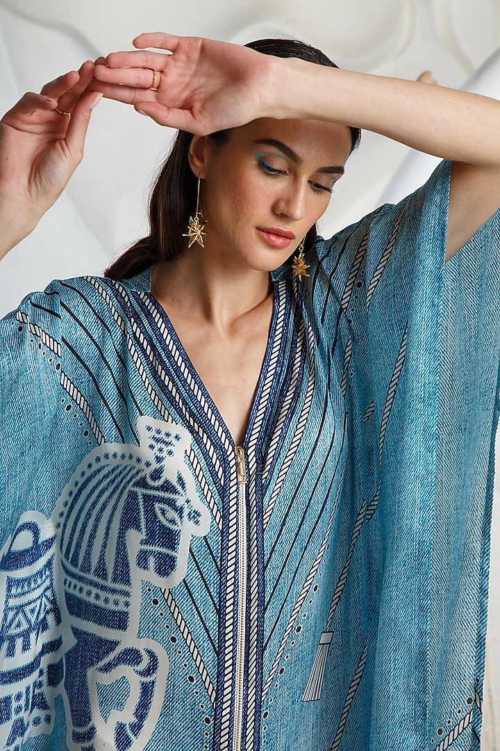 Pool Blue Printed Kaftan by Kamaali Pret at Pernia's Pop Up Shop
