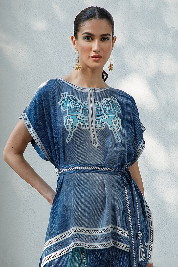 Denim Printed Kaftan Set by Kamaali Pret at Pernia's Pop Up Shop