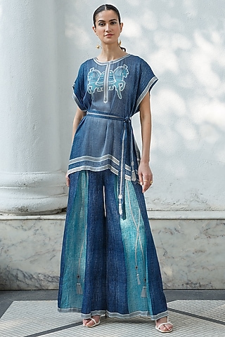 Denim Blue Printed Invert Pleated Pants by Kamaali Pret