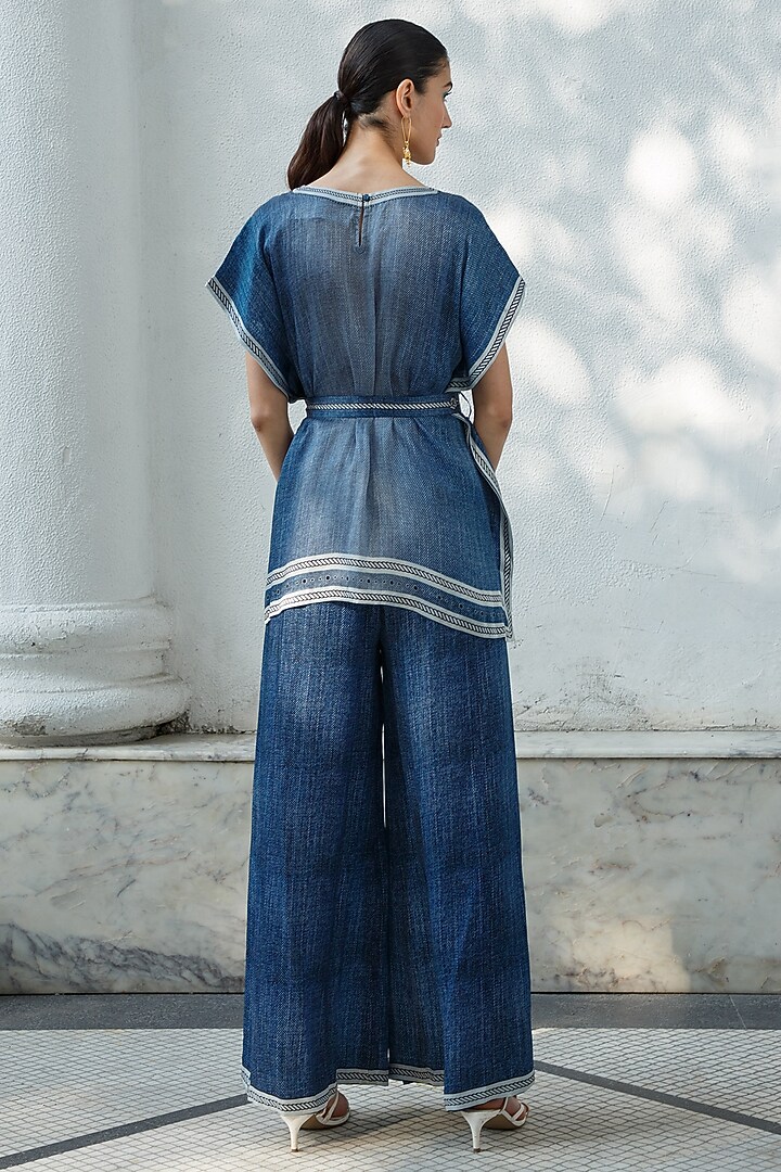 Denim Blue Printed Invert Pleated Pants by Kamaali Pret at Pernia's Pop Up Shop