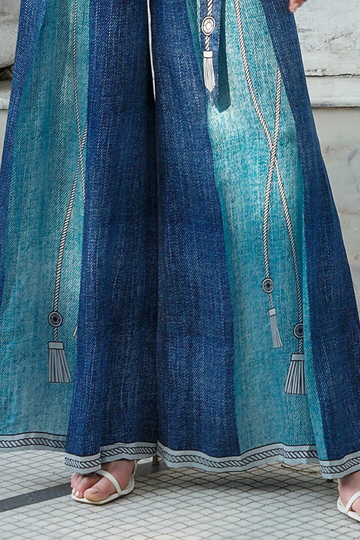 Denim Blue Printed Invert Pleated Pants by Kamaali Pret at Pernia's Pop Up Shop