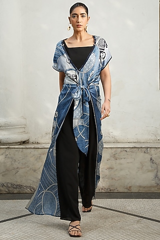 Denim & Black Printed Malaysian Jumpsuit by Kamaali Pret