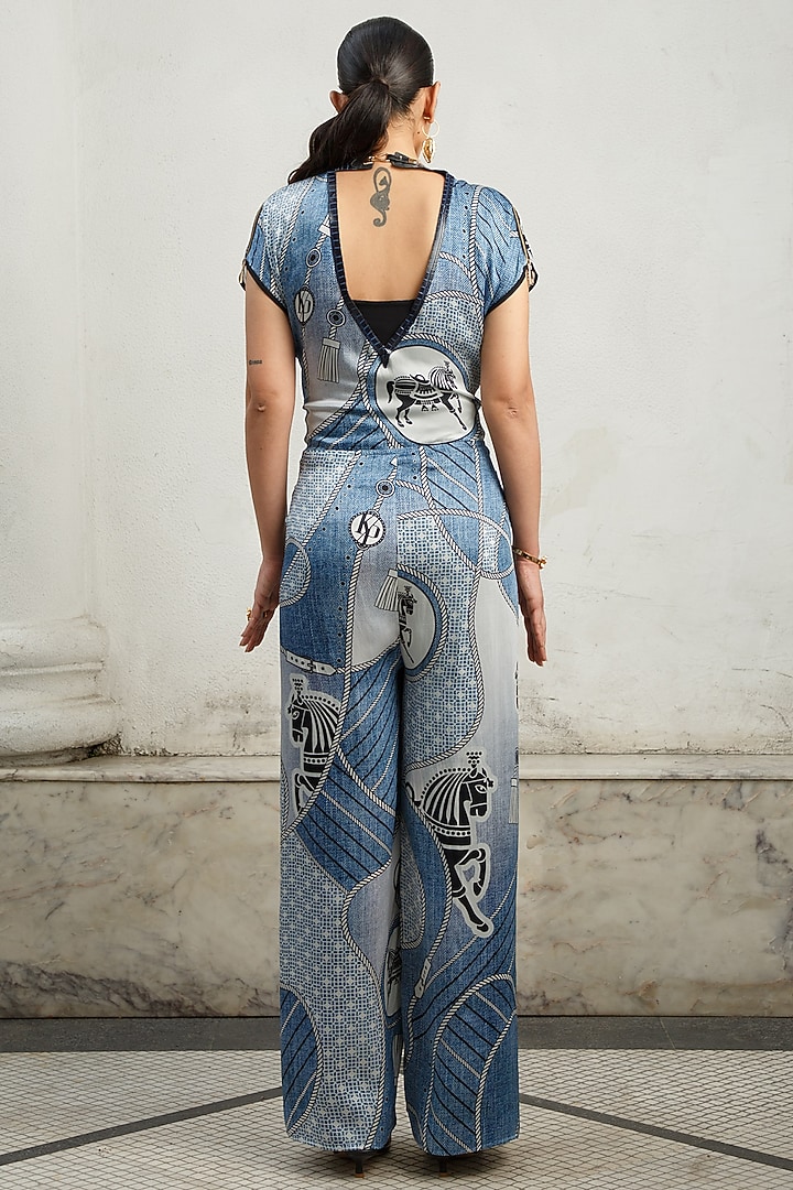 Denim & Black Printed Malaysian Jumpsuit by Kamaali Pret at Pernia's Pop Up Shop