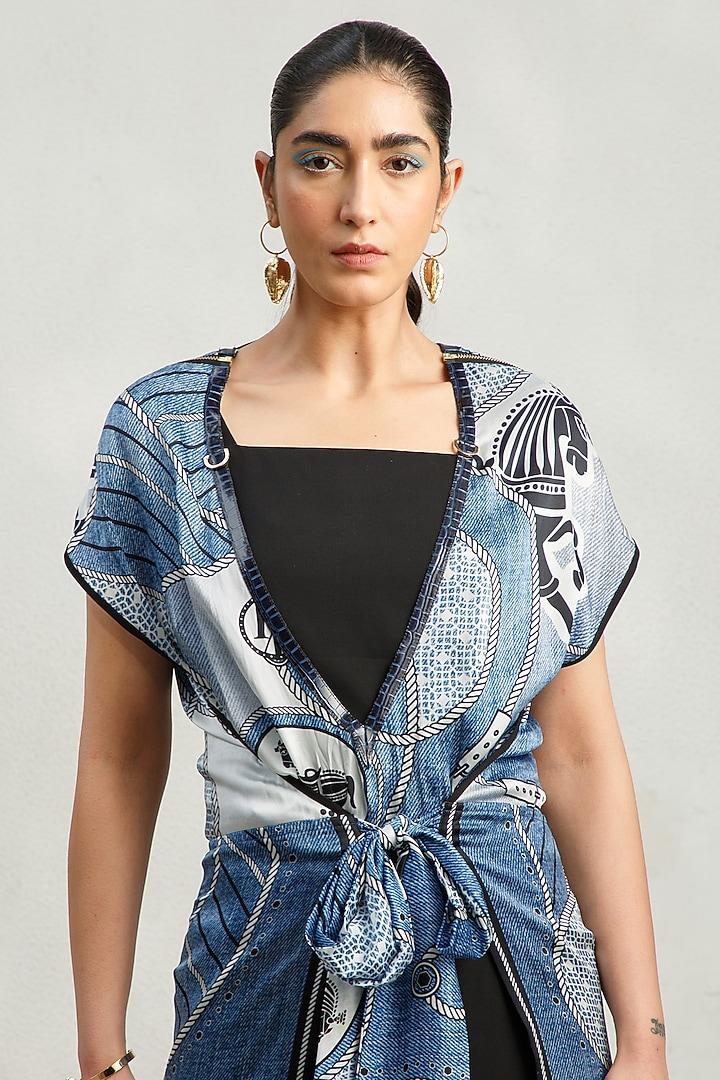 Denim & Black Printed Malaysian Jumpsuit by Kamaali Pret at Pernia's Pop Up Shop