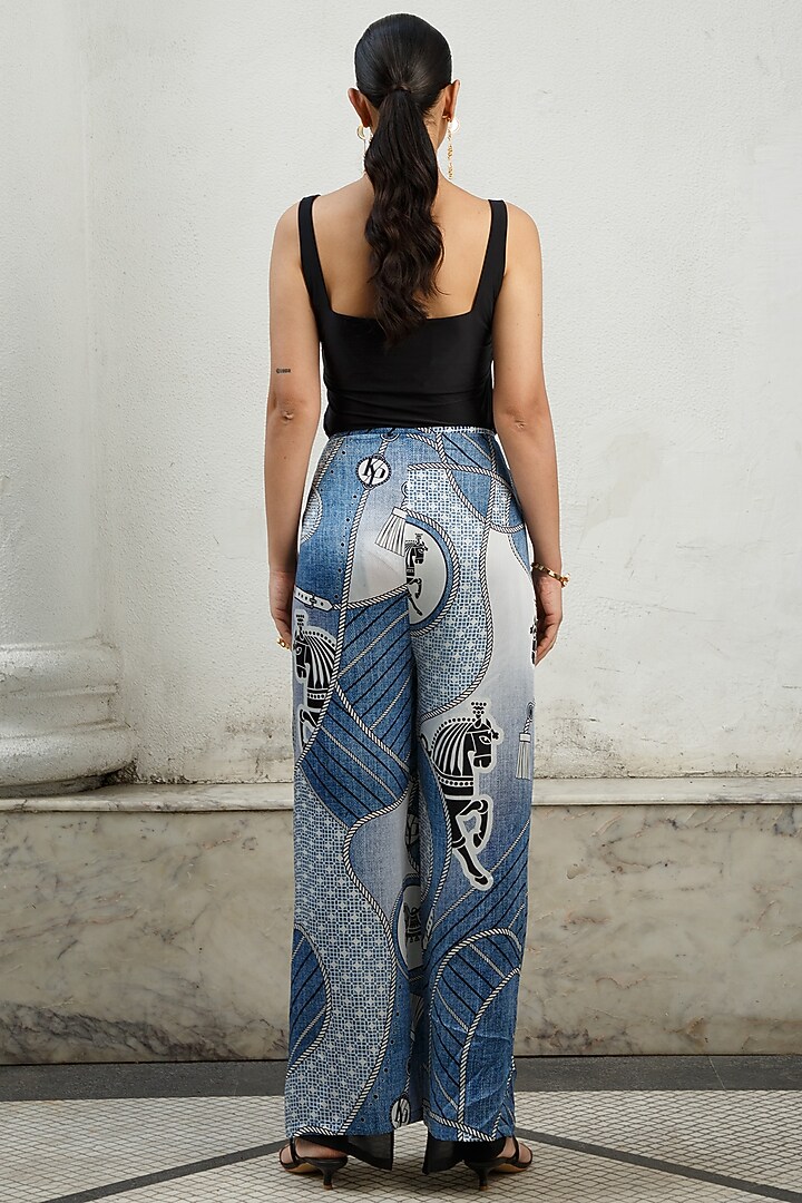 Denim & Black Printed Malaysian Pants by Kamaali Pret at Pernia's Pop Up Shop