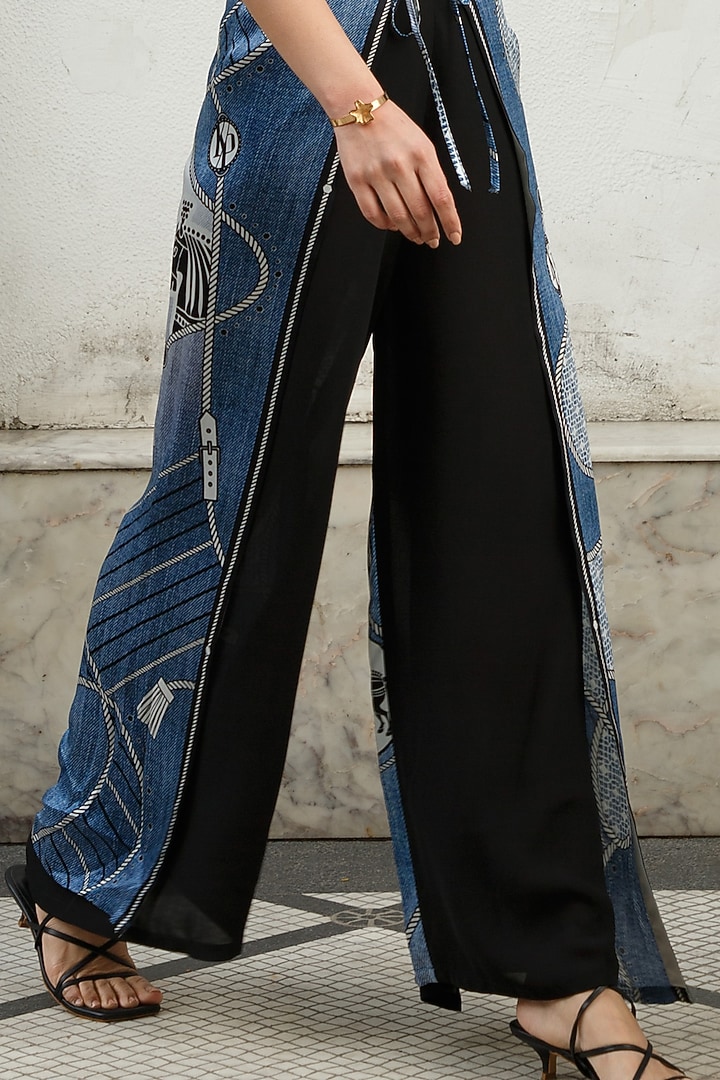 Denim & Black Printed Malaysian Pants by Kamaali Pret at Pernia's Pop Up Shop