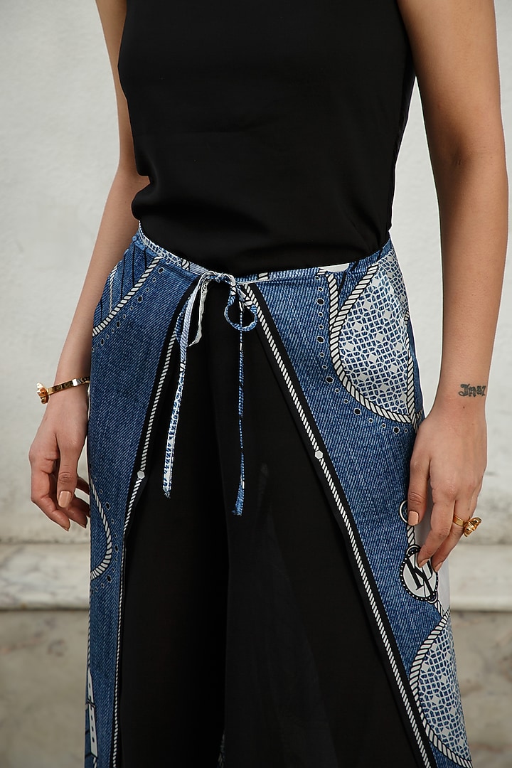 Denim & Black Printed Malaysian Pants by Kamaali Pret at Pernia's Pop Up Shop