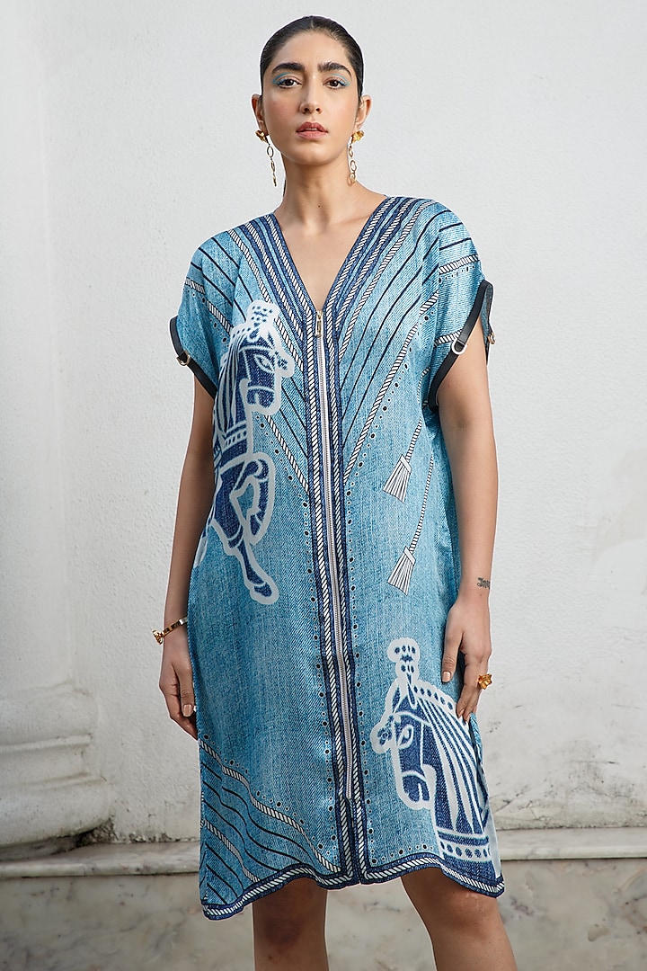 Pool Blue Printed Shift Dress by Kamaali Pret