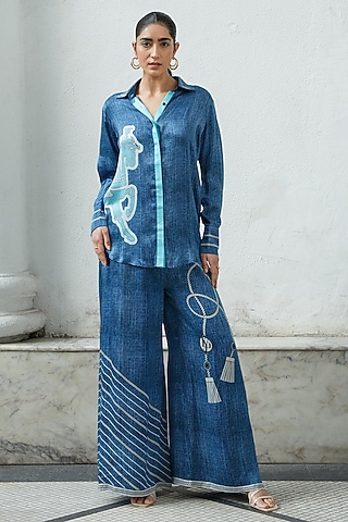 Denim Printed Shirt by Kamaali Pret