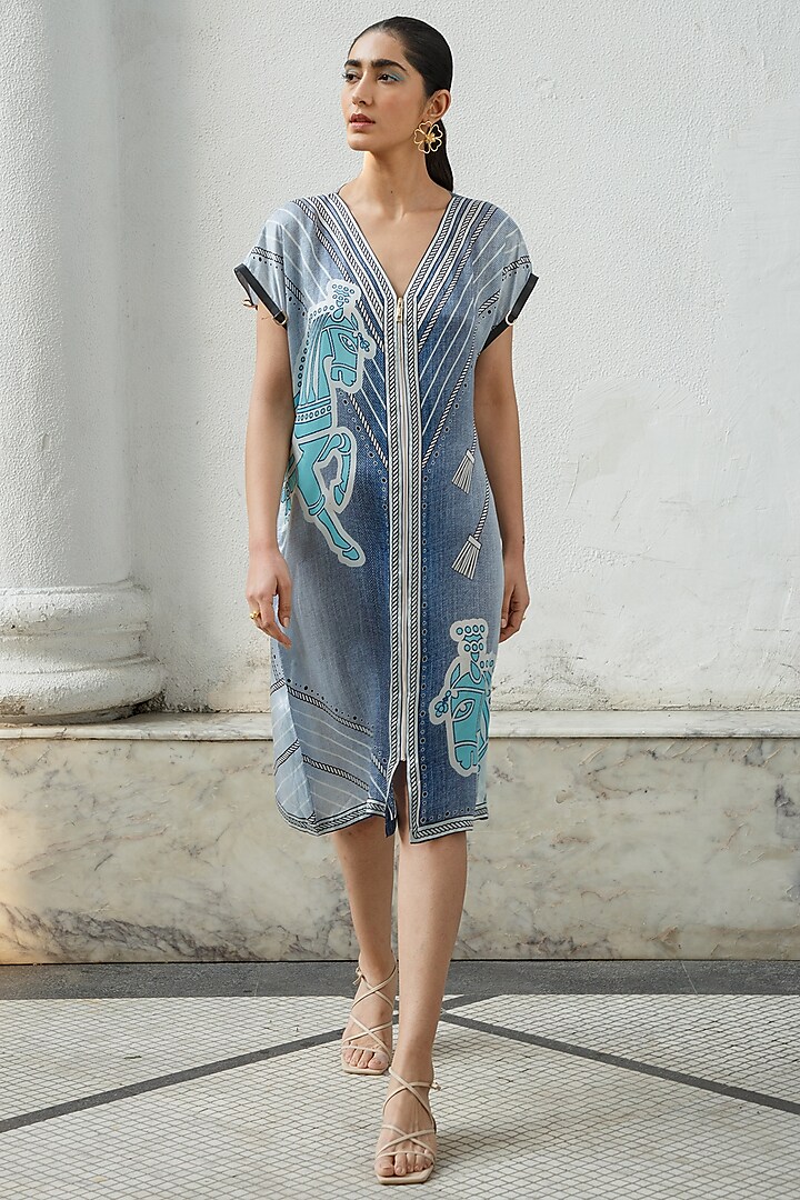 Denim Printed Shift Dress by Kamaali Pret