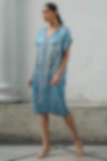 Pool Blue Printed Shift Dress by Kamaali Pret