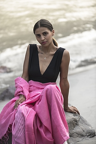 Black Handwoven Cotton Linen Blouse by Kavana