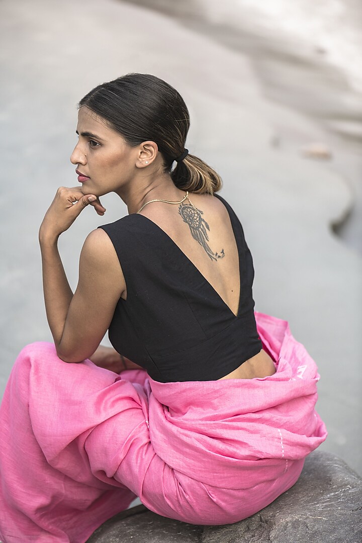 Black Handwoven Cotton Linen Blouse by Kavana at Pernia's Pop Up Shop