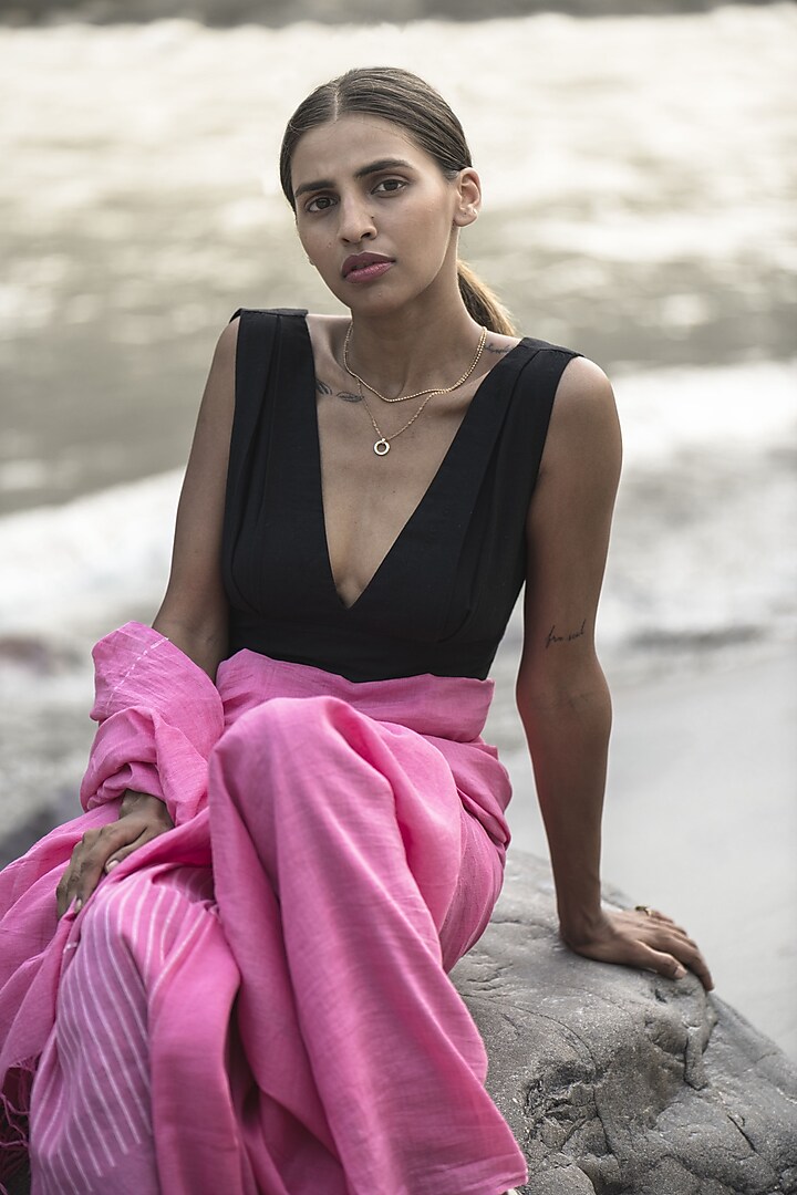 Black Handwoven Cotton Linen Blouse by Kavana at Pernia's Pop Up Shop