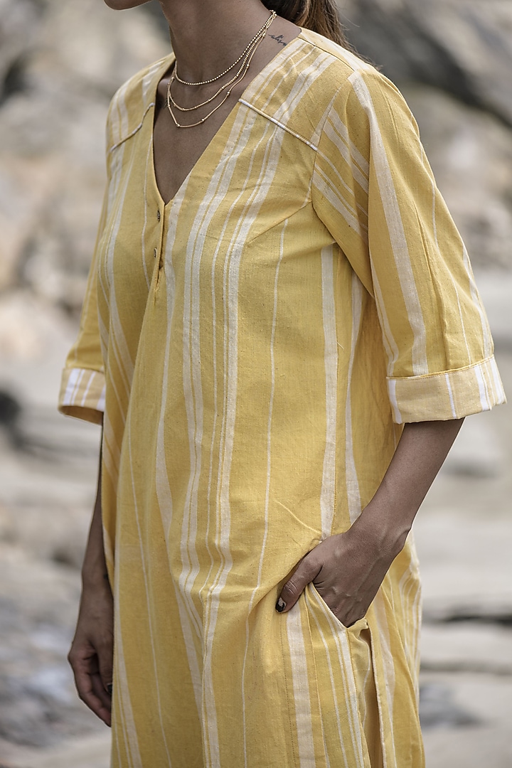 Yellow Striped Kurta Set by Kavana at Pernia's Pop Up Shop
