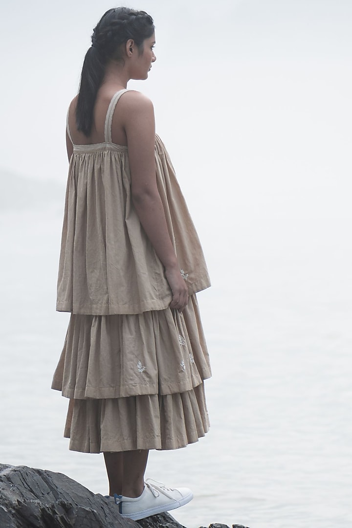 Beige Hand Embroidered Summer Dress by Kavana at Pernia's Pop Up Shop