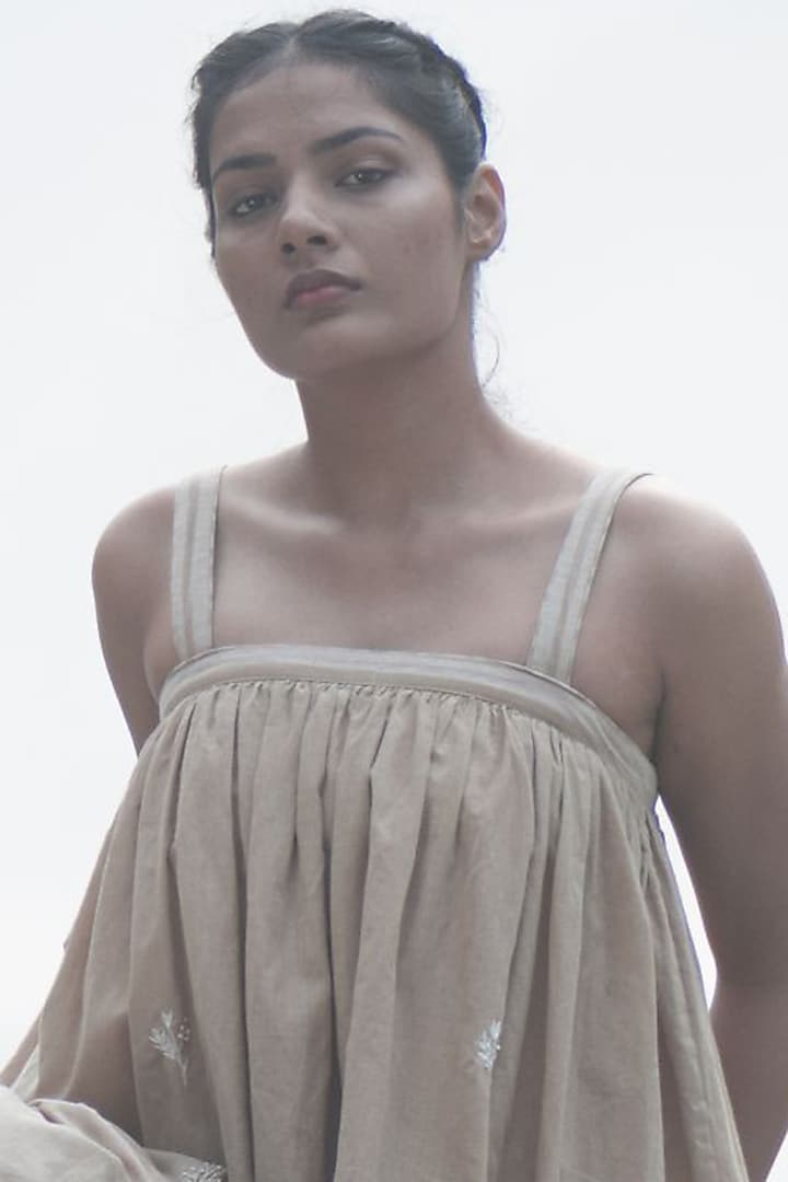 Beige Hand Embroidered Summer Dress by Kavana at Pernia's Pop Up Shop