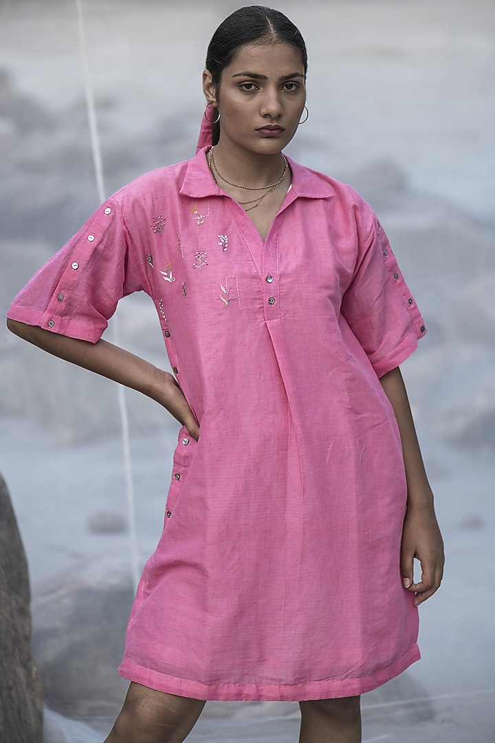 Dark Pink Hand Embroidered Summer Dress by Kavana at Pernia's Pop Up Shop