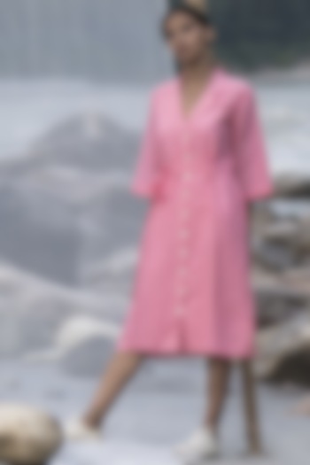 Light Hot Pink Handwoven Linen Jacket Dress by Kavana