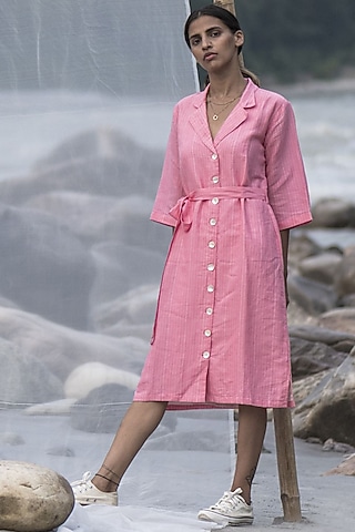 Light Hot Pink Handwoven Linen Jacket Dress by Kavana