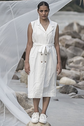 White Handwoven Cotton Jacket Dress by Kavana