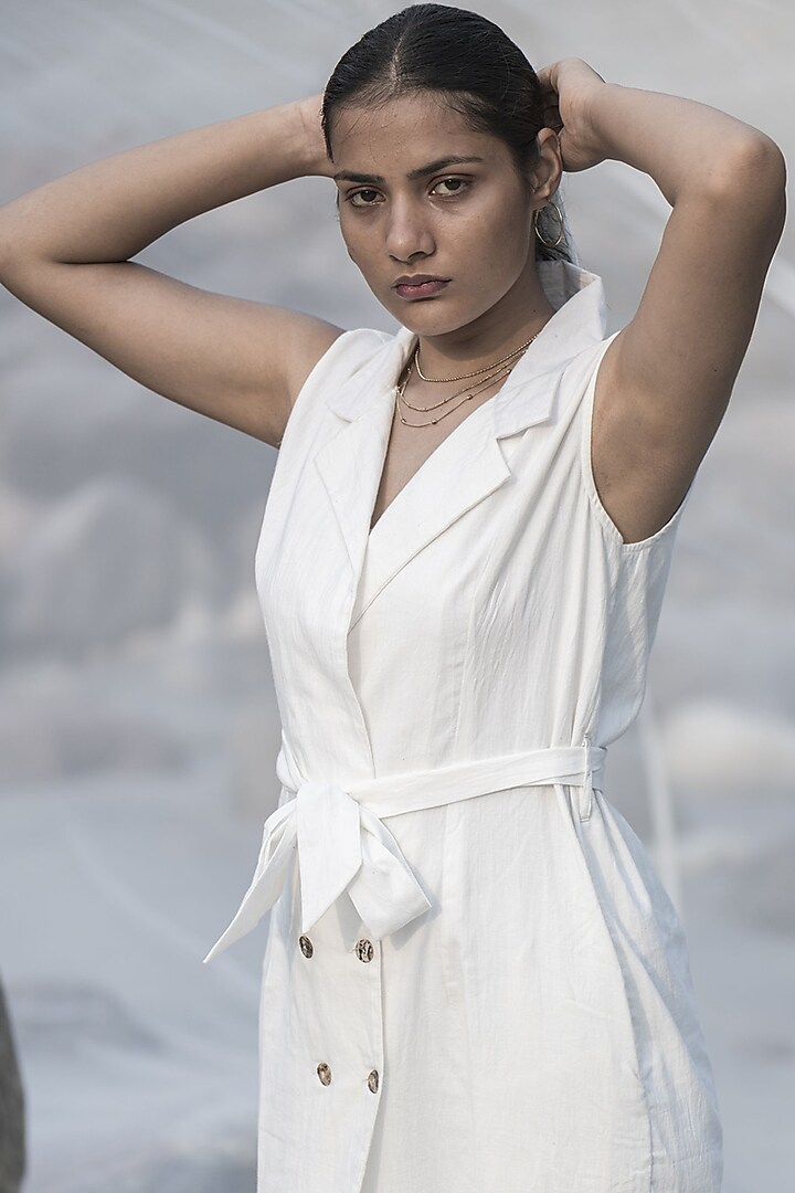 White Handwoven Cotton Jacket Summer Dress by Kavana at Pernia's Pop Up Shop