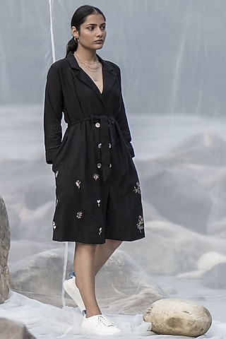 Black Hand Embroidered Jacket Dress by Kavana