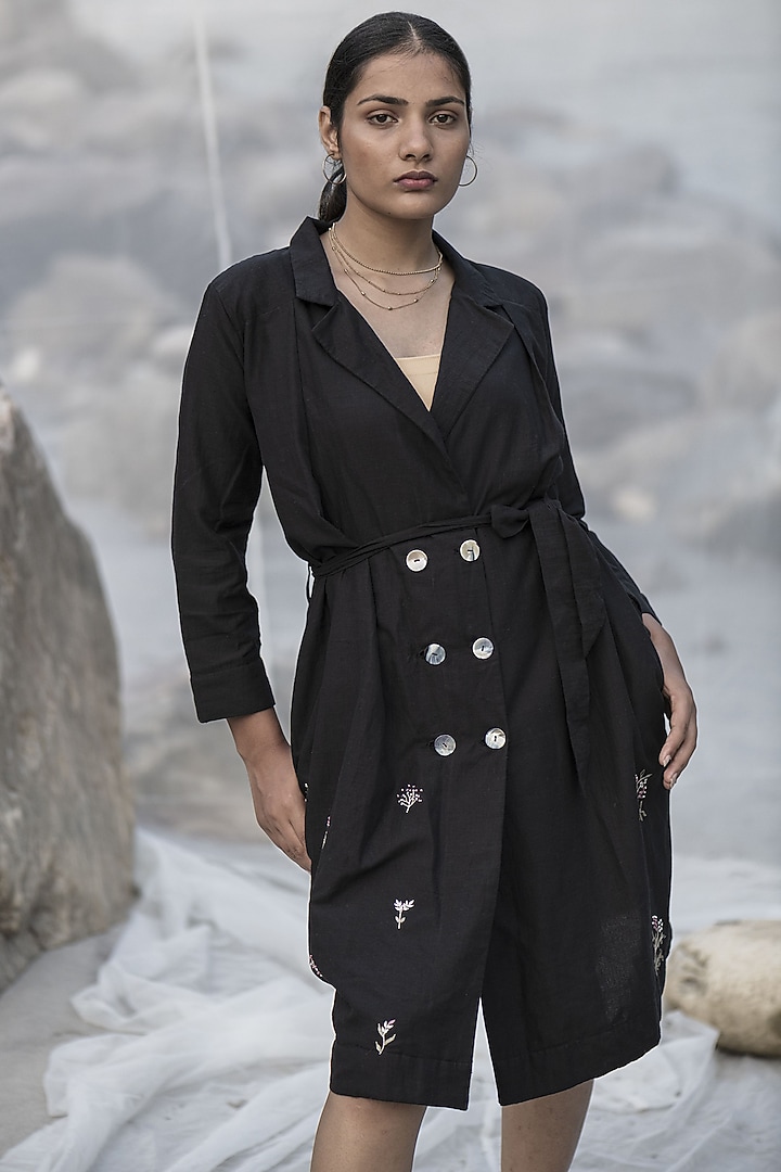 Black Hand Embroidered Jacket Summer Dress by Kavana at Pernia's Pop Up Shop