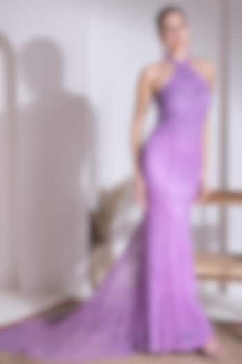 Purple Net Hand Embroidered Gown by Kanchi Khurana Couture
