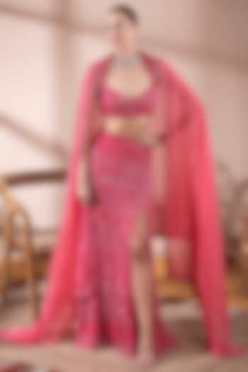 Pink Net Hand Embroidered Lehenga Set by Kanchi Khurana Couture