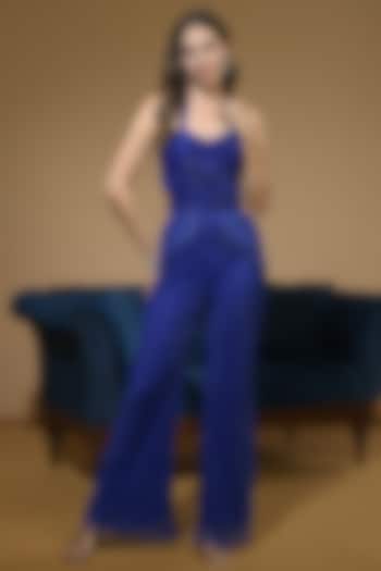 Blue Net Hand Embroidered Jumpsuit by Kanchi Khurana Couture