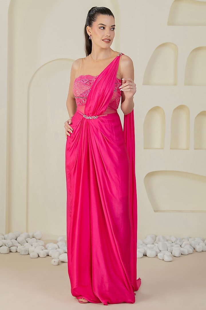 Pink Satin & Net Hand Embroidered Draped Gown Saree by Kanchi Khurana Couture