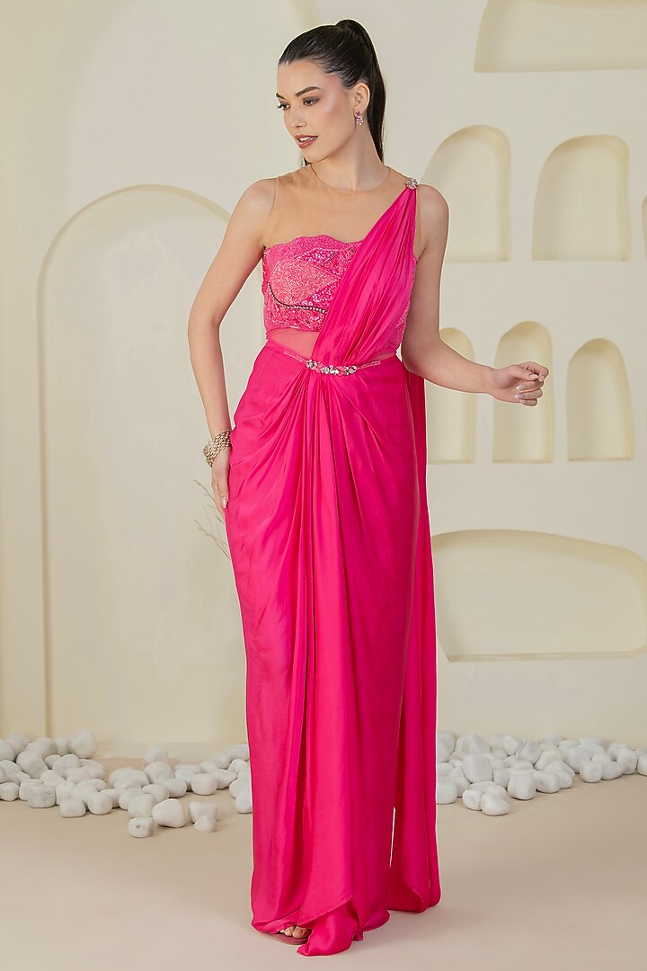 Pink Satin & Net Hand Embroidered Draped Wedding Gown Saree by Kanchi Khurana Couture at Pernia's Pop Up Shop