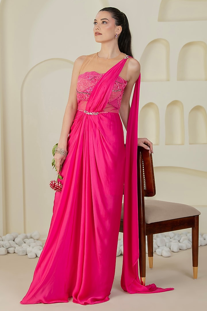 Pink Satin & Net Hand Embroidered Draped Wedding Gown Saree by Kanchi Khurana Couture at Pernia's Pop Up Shop