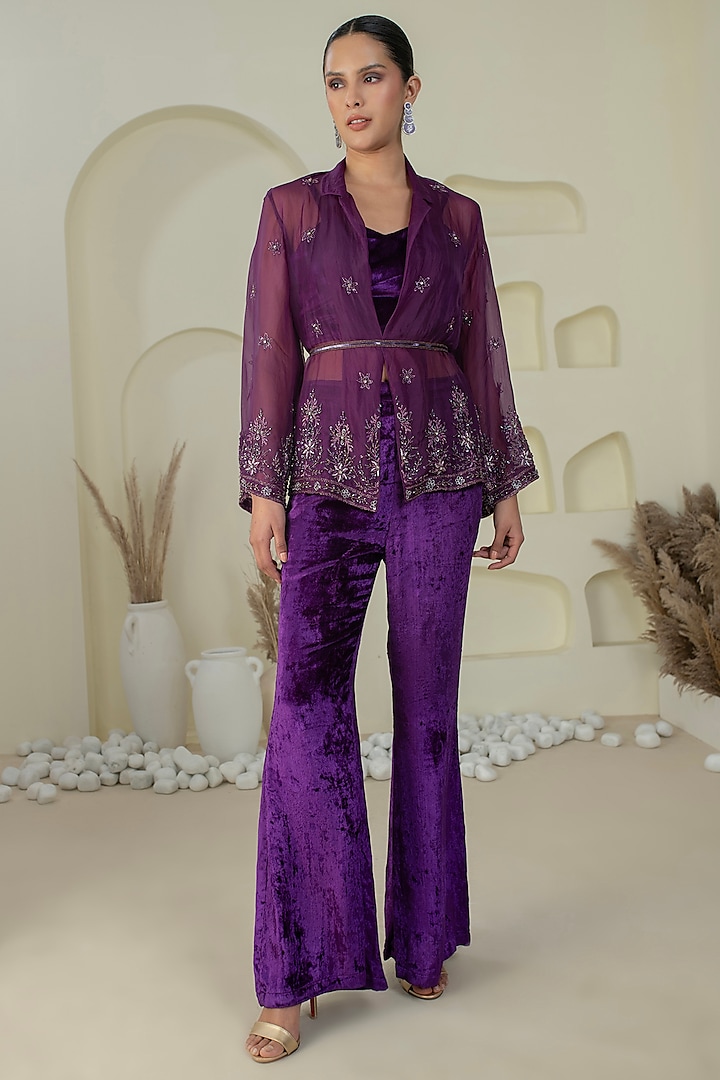 Purple Silk Organza Hand Embroidered Co-Ord Set by Kanchi Khurana Couture