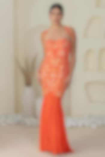 Orange Net Hand Embroidered Gown by Kanchi Khurana Couture