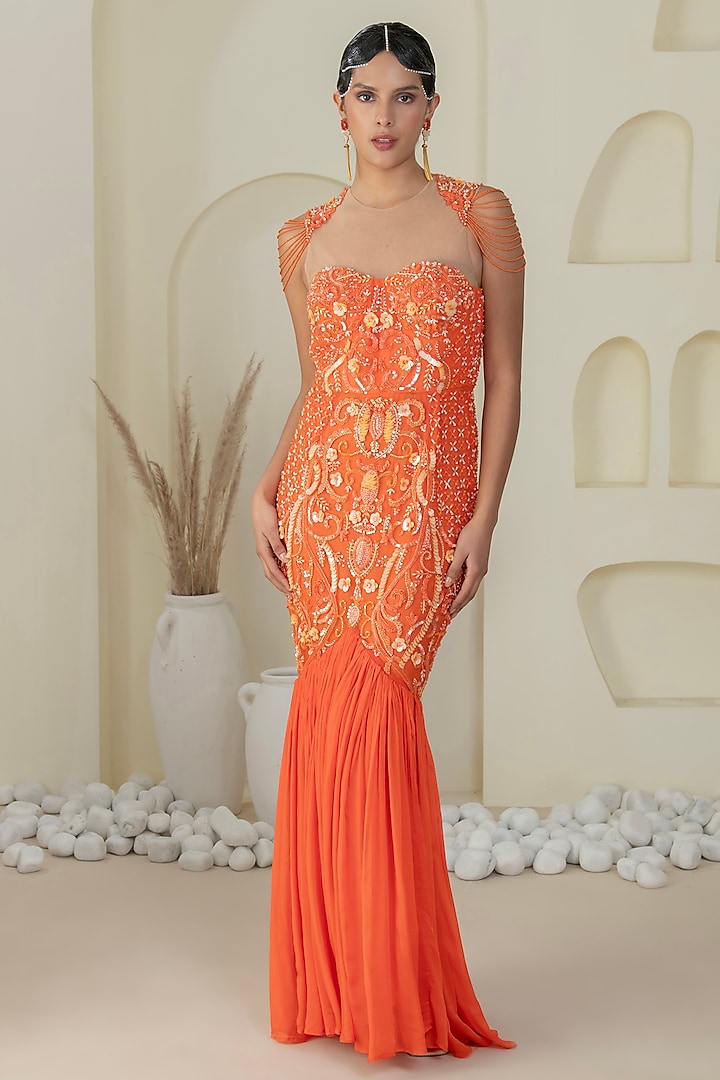 Orange Net Hand Embroidered Gown by Kanchi Khurana Couture