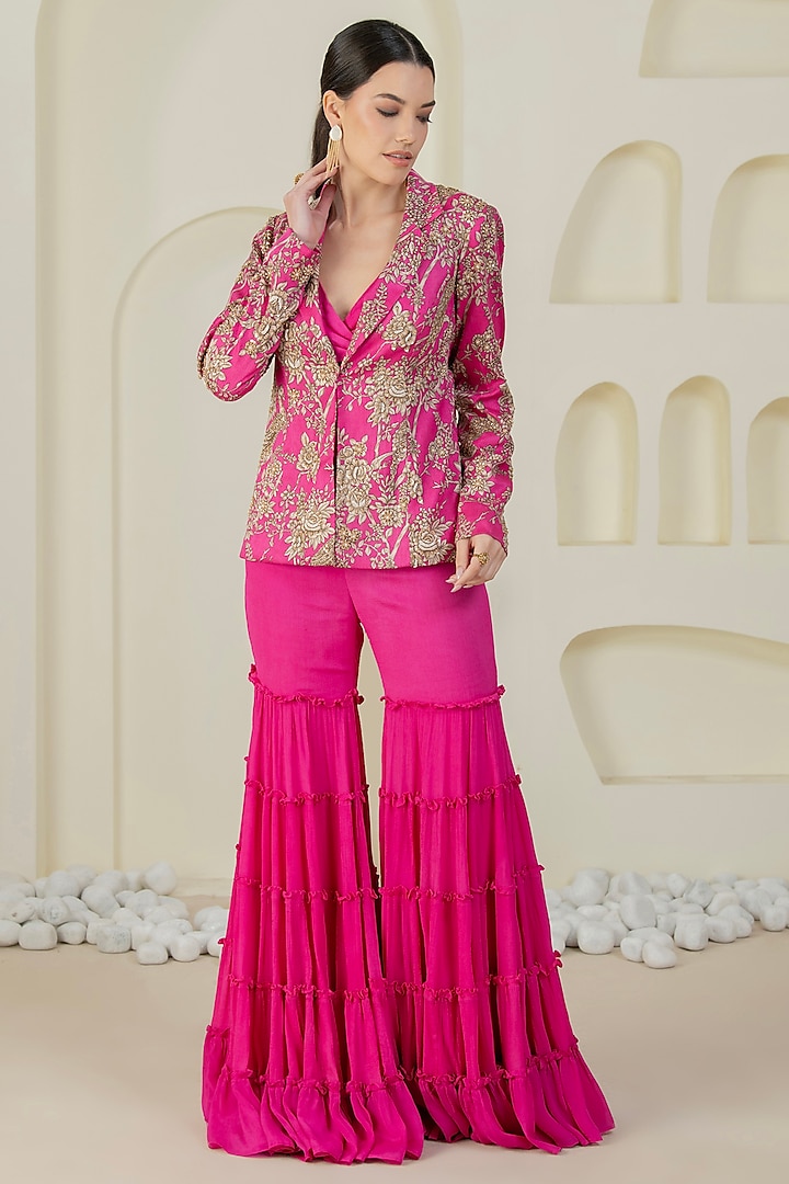Pink Raw Silk Hand Embroidered Jacket Set by Kanchi Khurana Couture