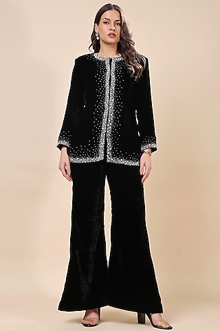 Black Viscose Velvet Hand Embroidered Co-Ord Set by Kanchi Khurana Couture