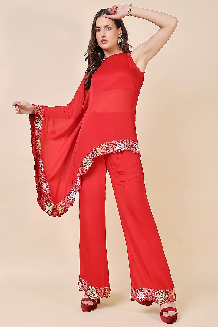 Red Chinon Hand Embroidered Co-Ord Set by Kanchi Khurana Couture at Pernia's Pop Up Shop