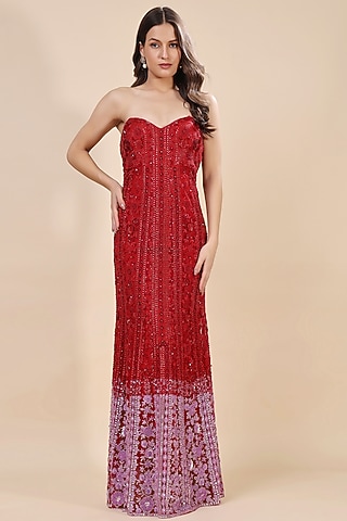 Red Tulle Hand Embroidered Gown by Kanchi Khurana Couture